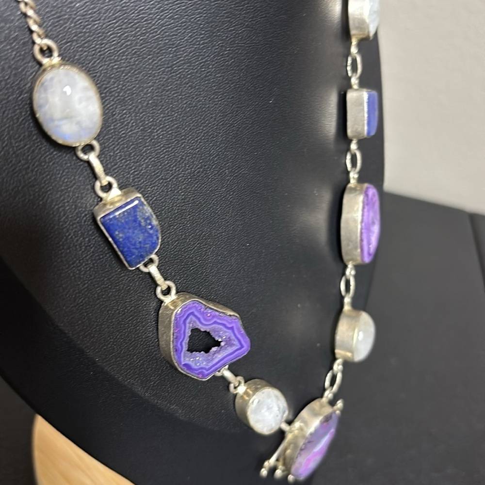 925 Lapis Purple Quartz Druzy Iolite Biwa Pearl Gemstone Silver Necklace​ - Picture 7 of 9